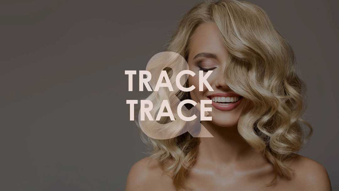 Beautiful blond woman with a track and trace typographic overlay